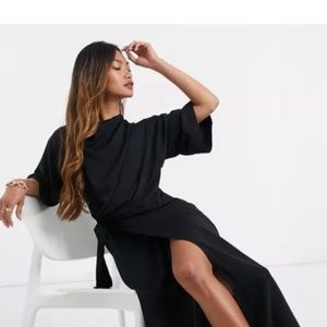ASOS DESIGN cowl neck midi dress with wrap skirt in black size 4 NEW
